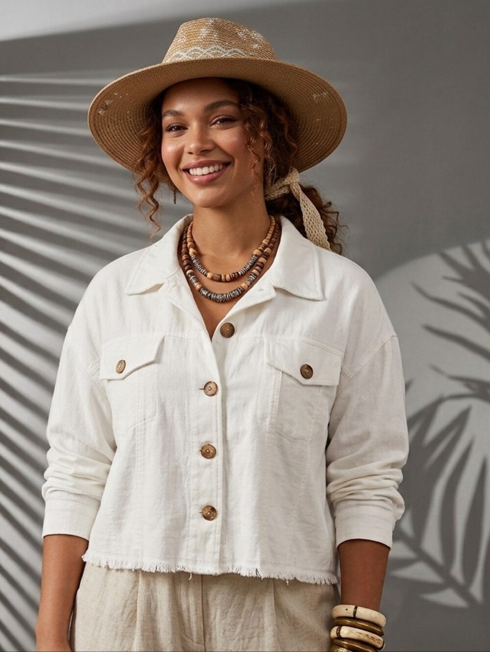 Promesa Linen Blend Cropped Raw Hem Shacket Button Down Jacket Cream Ivory S